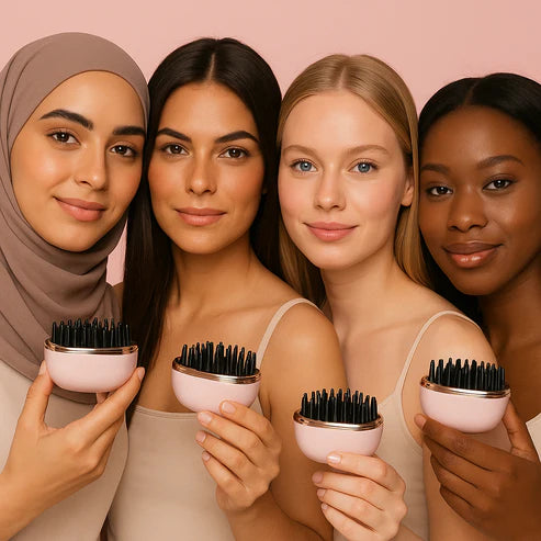 Four women using Mini Straightener showing sleek hair